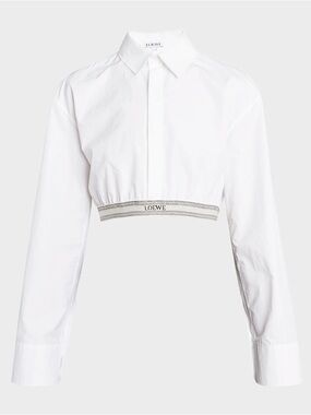Loewe White Cropped Cotton Shirt with Branded Hem